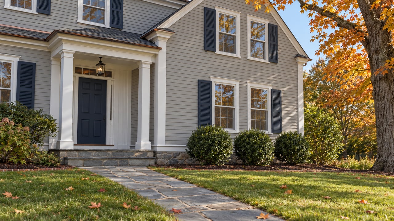 Gray clapboard home with a navy entrance, bluestone walk, deep front lawn and an amber-leaved maple.