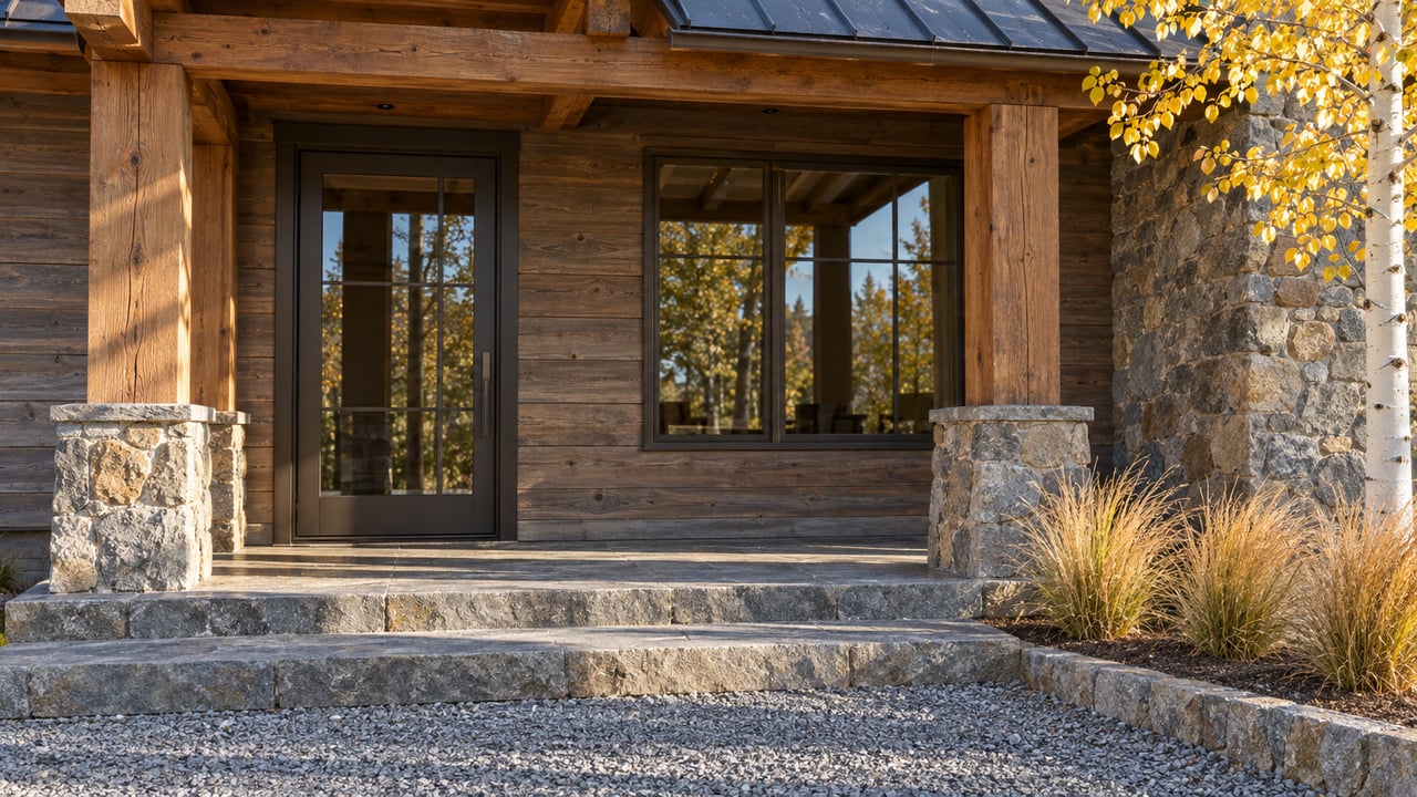 Warm afternoon light on a timber home's glazed entrance, fieldstone pier and broad stone steps, beside gold aspen leaves and tawny bunchgrass.