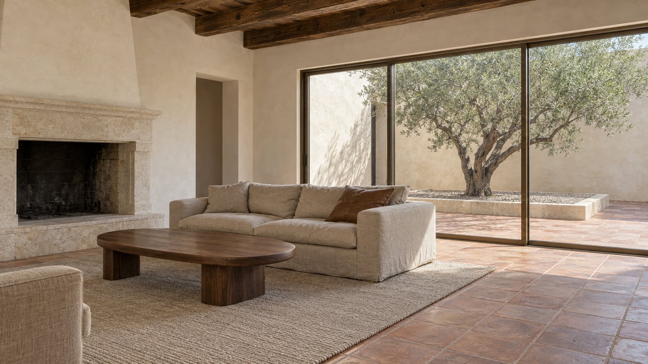 A sunlit sitting room with timber beams, limestone fireplace, linen sofa and terracotta floors overlooks an enclosed courtyard through bronze-framed glass.