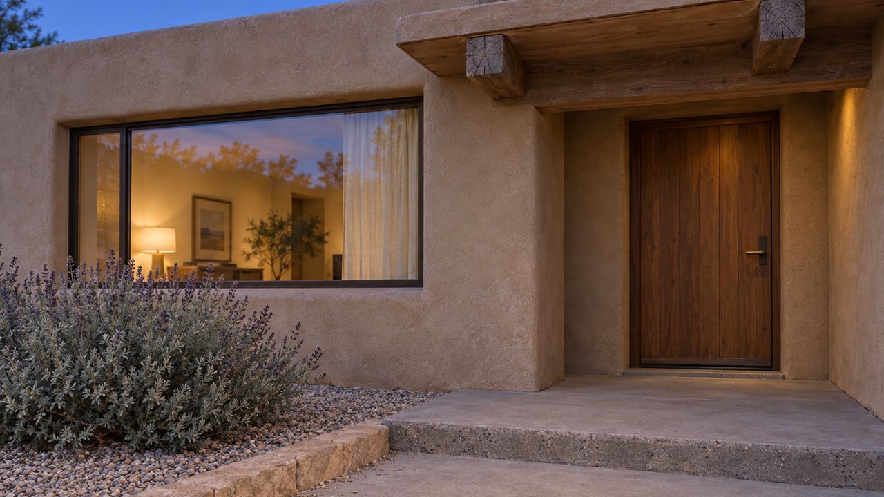 Warm light shines through a bronze-framed window beside a wooden door beneath a weathered timber portal, with silver sage and gravel along the raised concrete landing.