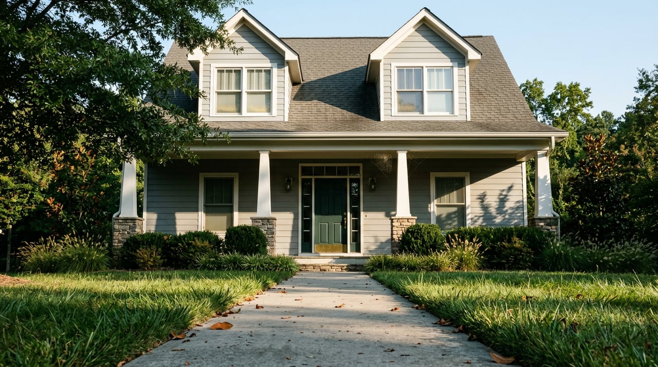 Two-story gray home with a green front door, stone porch columns, dormers, and long shadows across the lawn.