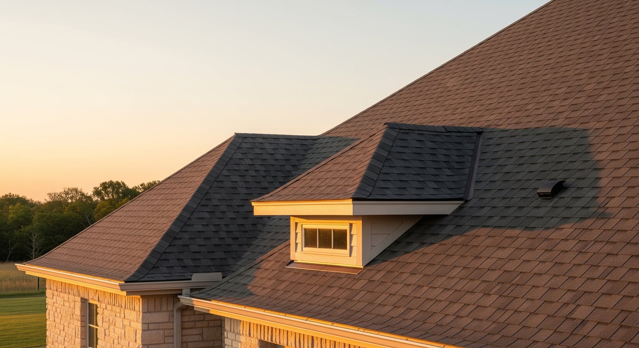 Multi-level shingled roof with a small dormer window, lit by the setting sun.