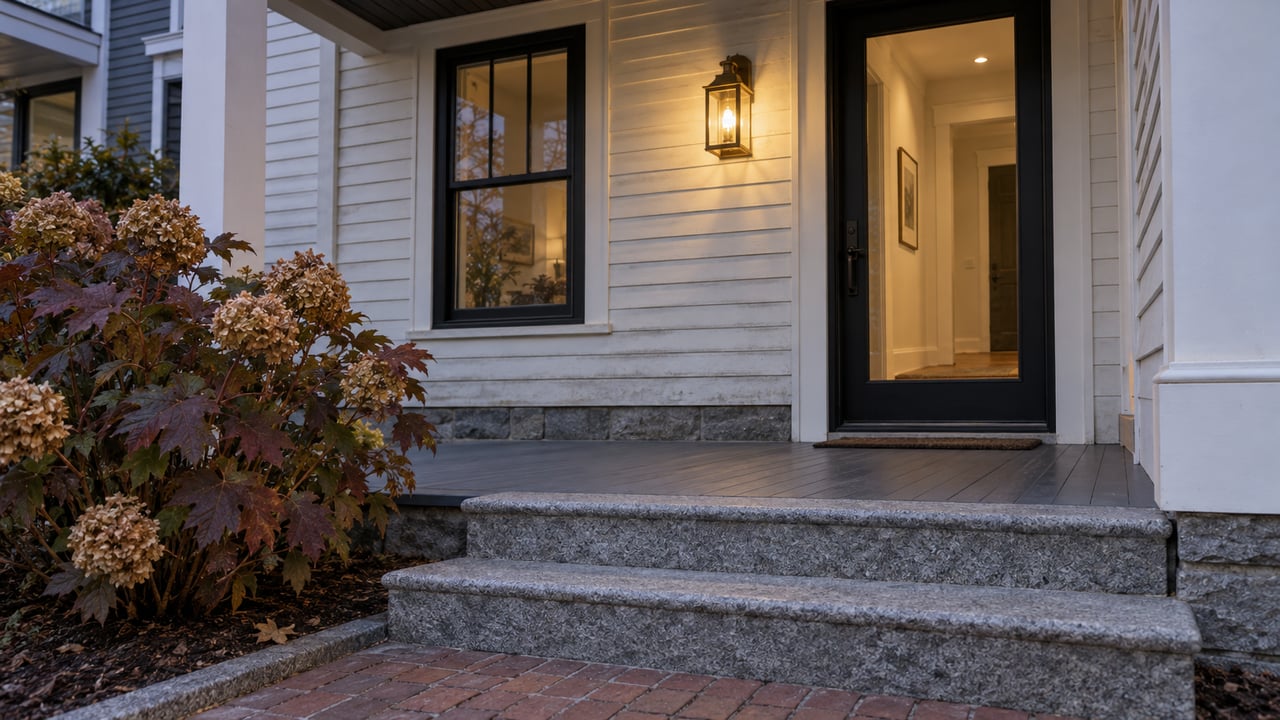 White house entrance with a black glass-paneled door, lit porch lantern, granite steps, and autumn hydrangeas.