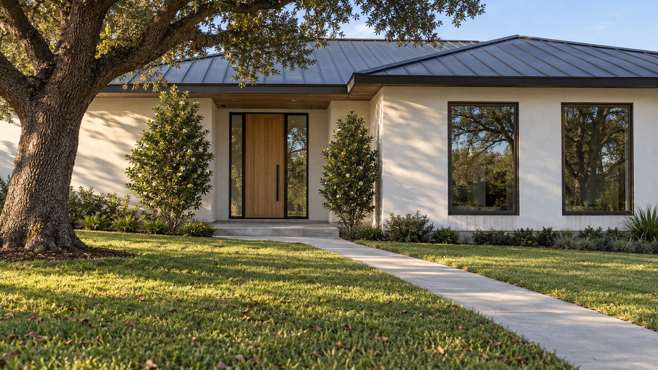 Warm-white stucco house with charcoal roof, oak entry, broad lawn, and mature tree beside the walkway.