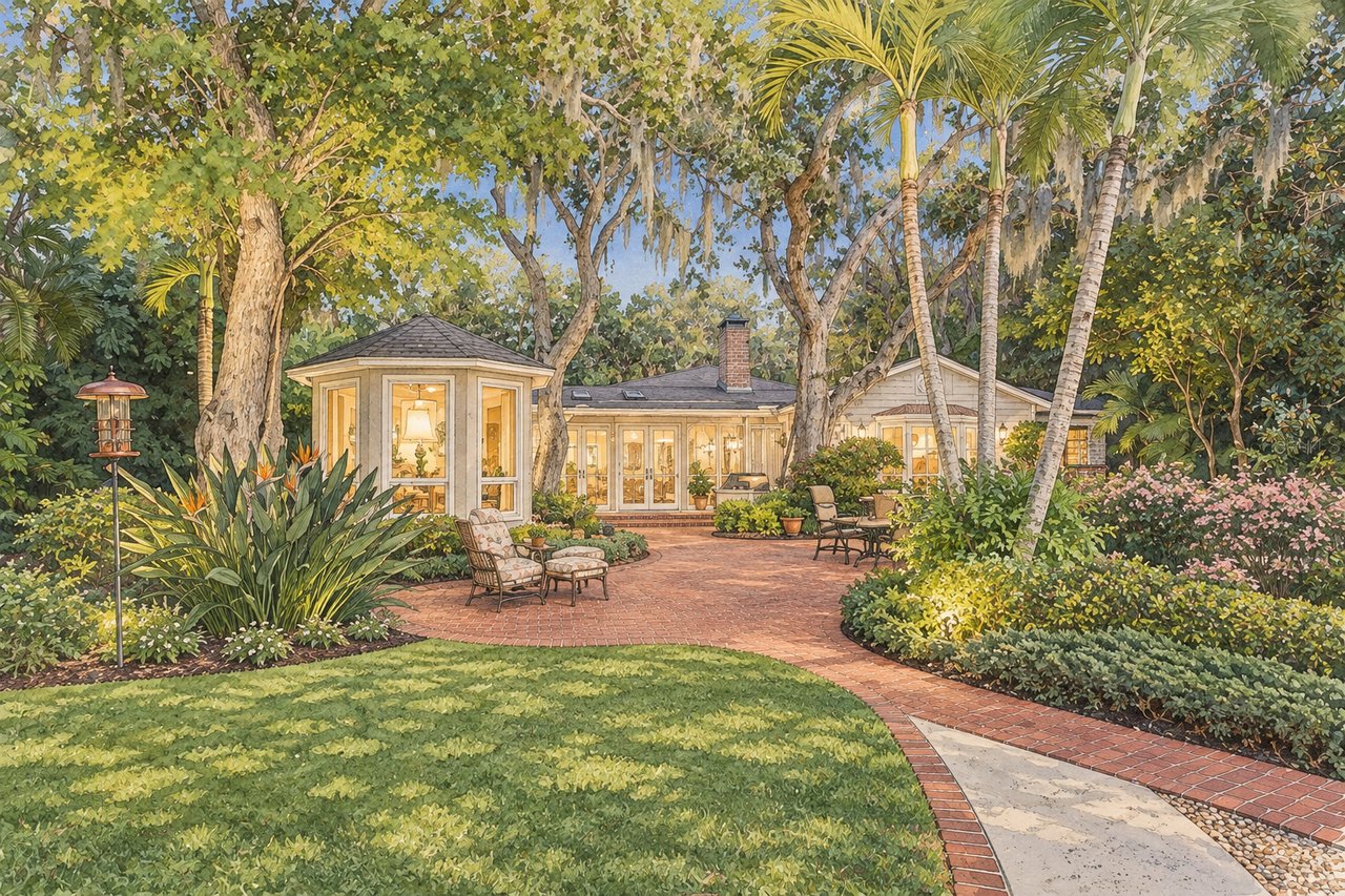 Illustrated home exterior with a brick patio, lawn, palms, and lush landscaping.