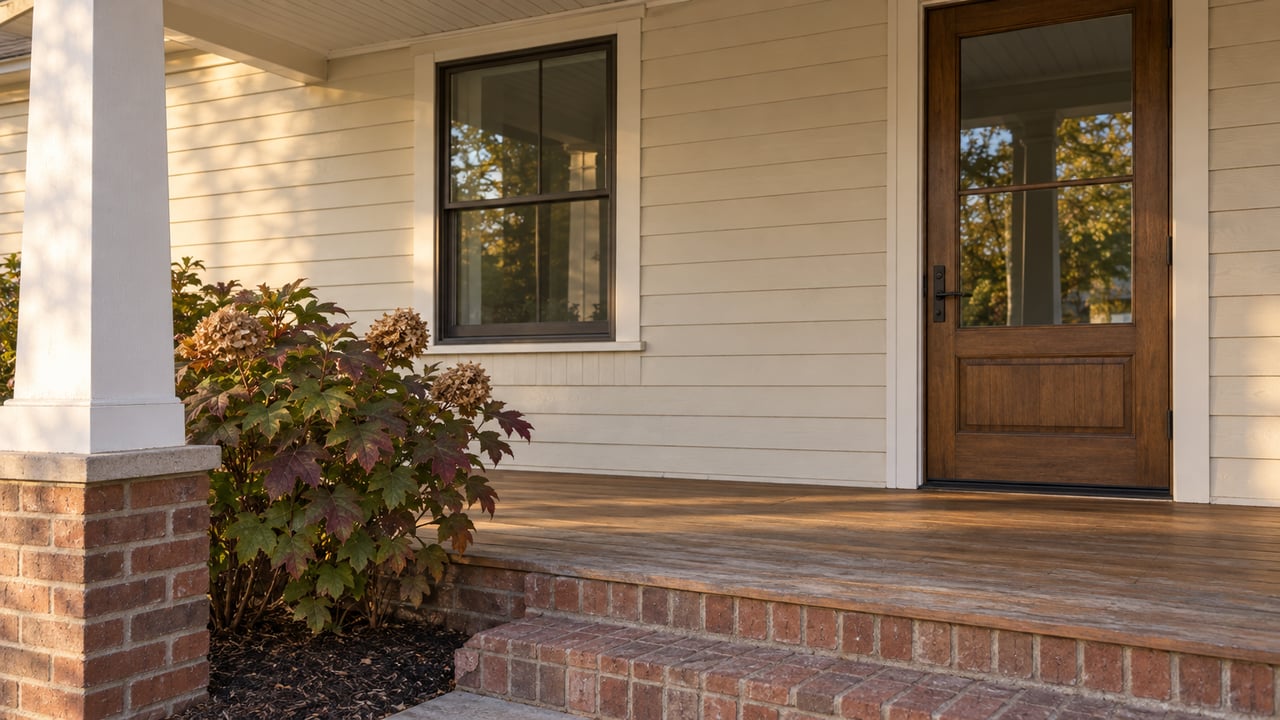 Warm evening light on an ivory-sided home's covered porch, glazed timber door, brick steps and burgundy oakleaf hydrangea.