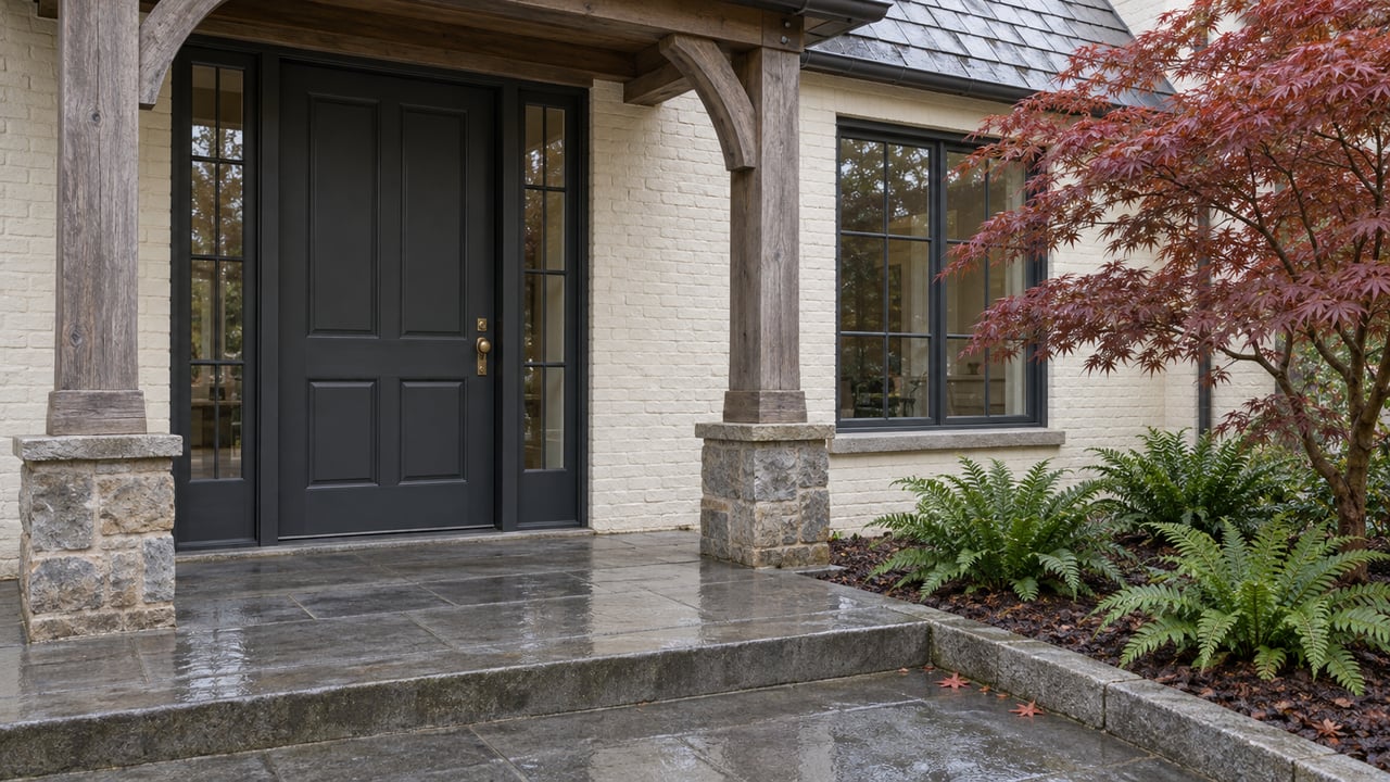 A sheltered pale-brick home entrance with a charcoal door, rain-dark limestone steps and a copper-red maple beside sword ferns.