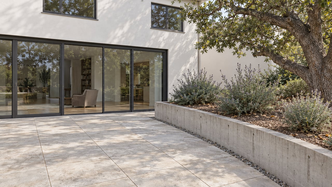 Contemporary white home with charcoal-framed glazing beside a limestone terrace and raised oak-and-sage garden.