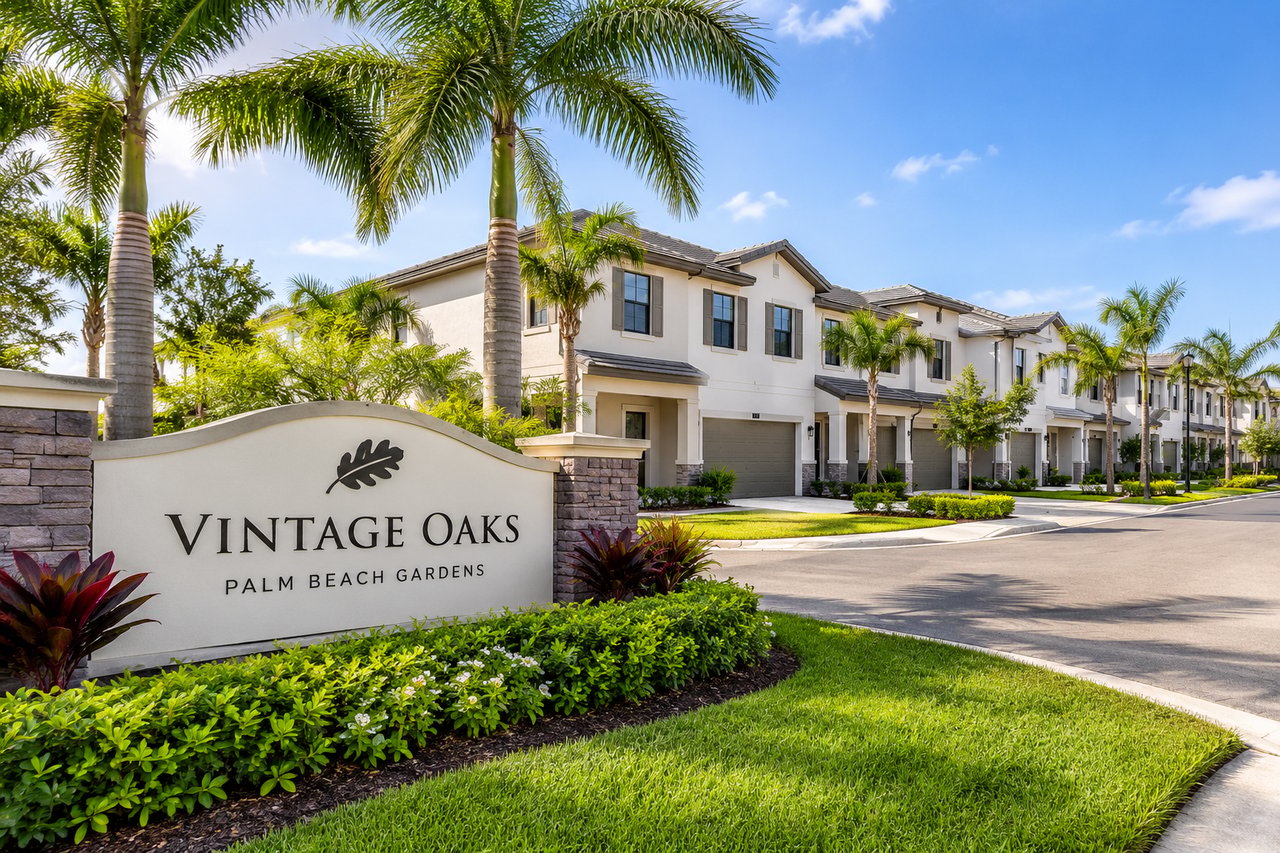 Vintage Oaks entrance sign beside palm-lined townhouses in Palm Beach Gardens.