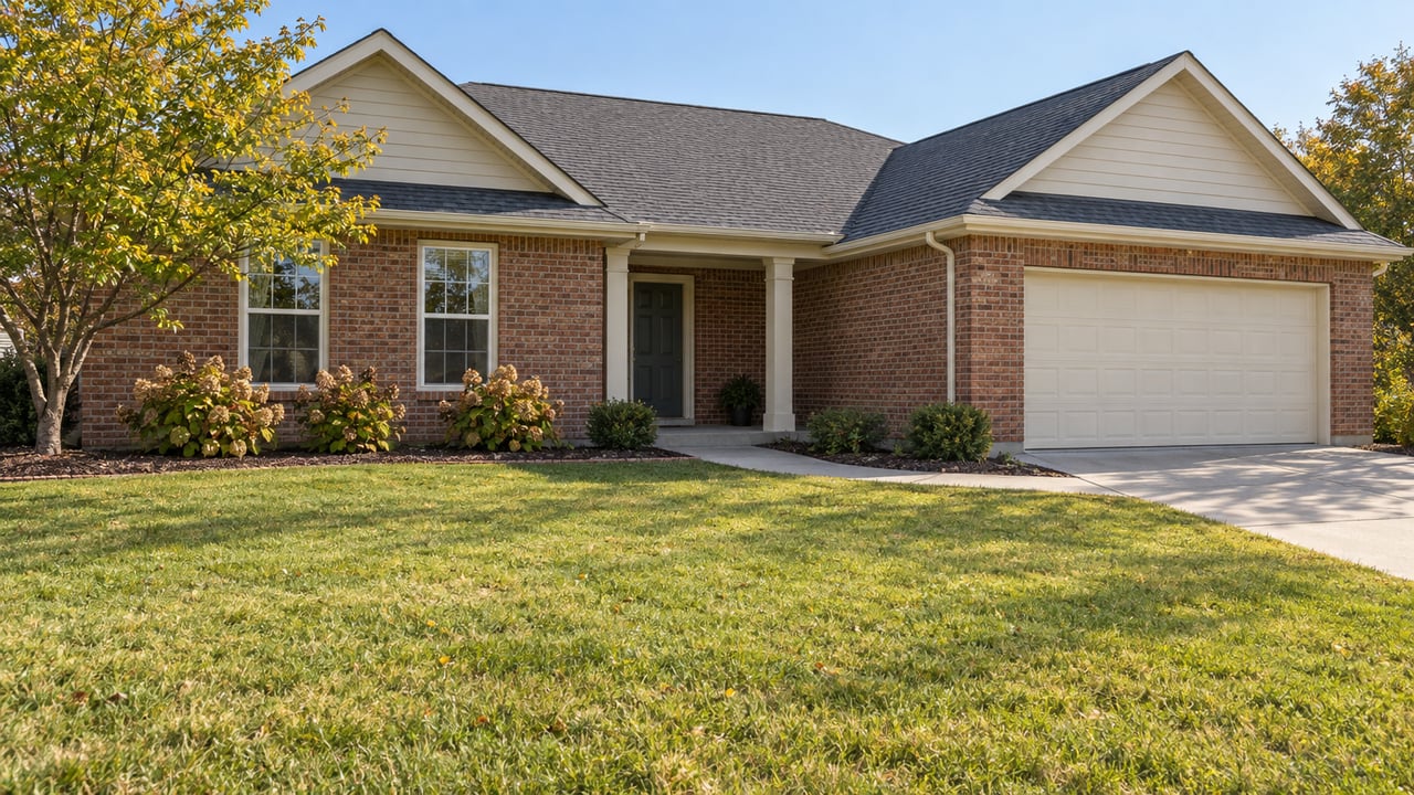 Red-brick single-story home with ivory gables, a deep autumn lawn, concrete entry walk and attached garage.