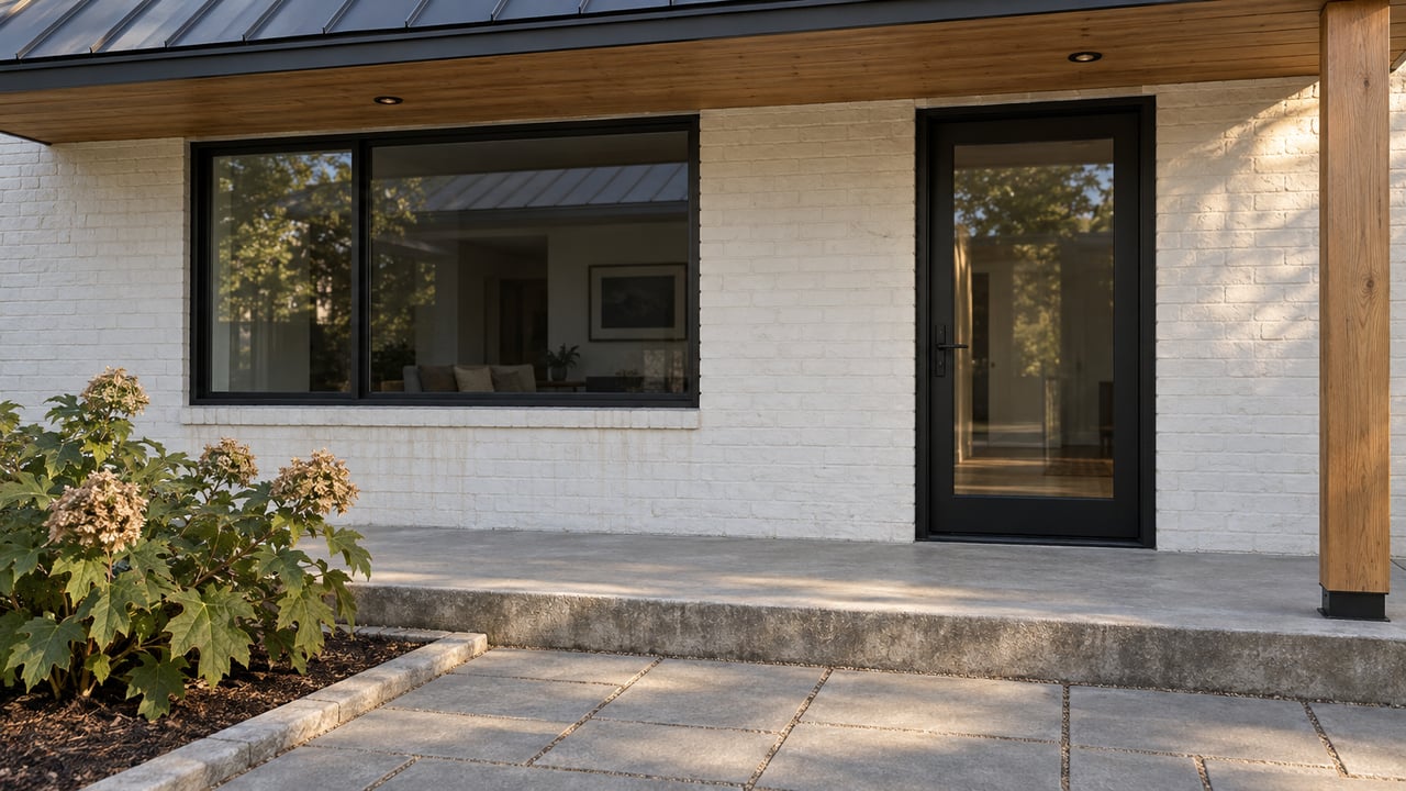 White painted brick home with black-framed glazing, a cedar porch soffit, and a concrete step leading onto a paved terrace.