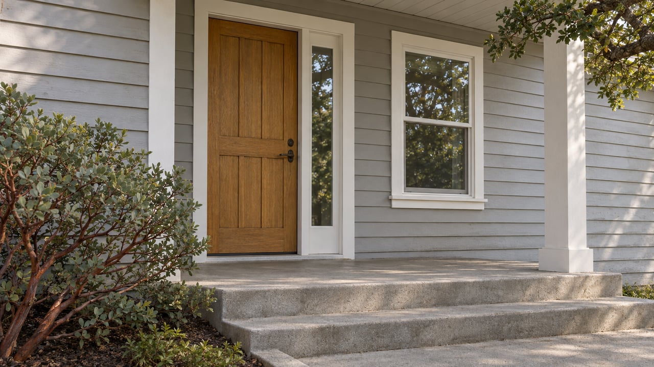 Sheltered entry of a light-gray wood-sided home, with an oak door, concrete steps, and sculptural manzanita beside the approach.