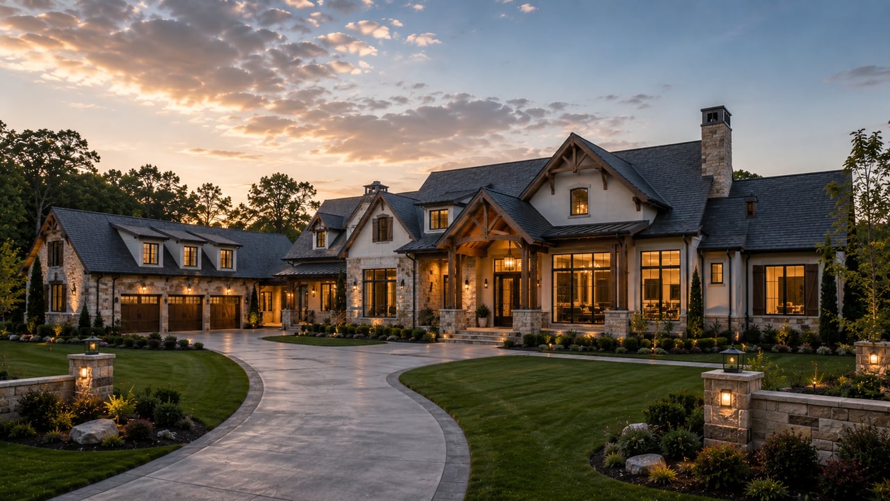 Custom luxury home in Tennessee featuring distinctive architecture, natural stone, timber details, expansive windows, professional landscaping, and personalized high-end design.