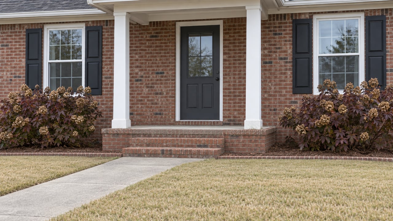 Red-brown brick home with white porch columns, black shutters, a concrete front walk, and burgundy oakleaf hydrangeas beside a dormant lawn.