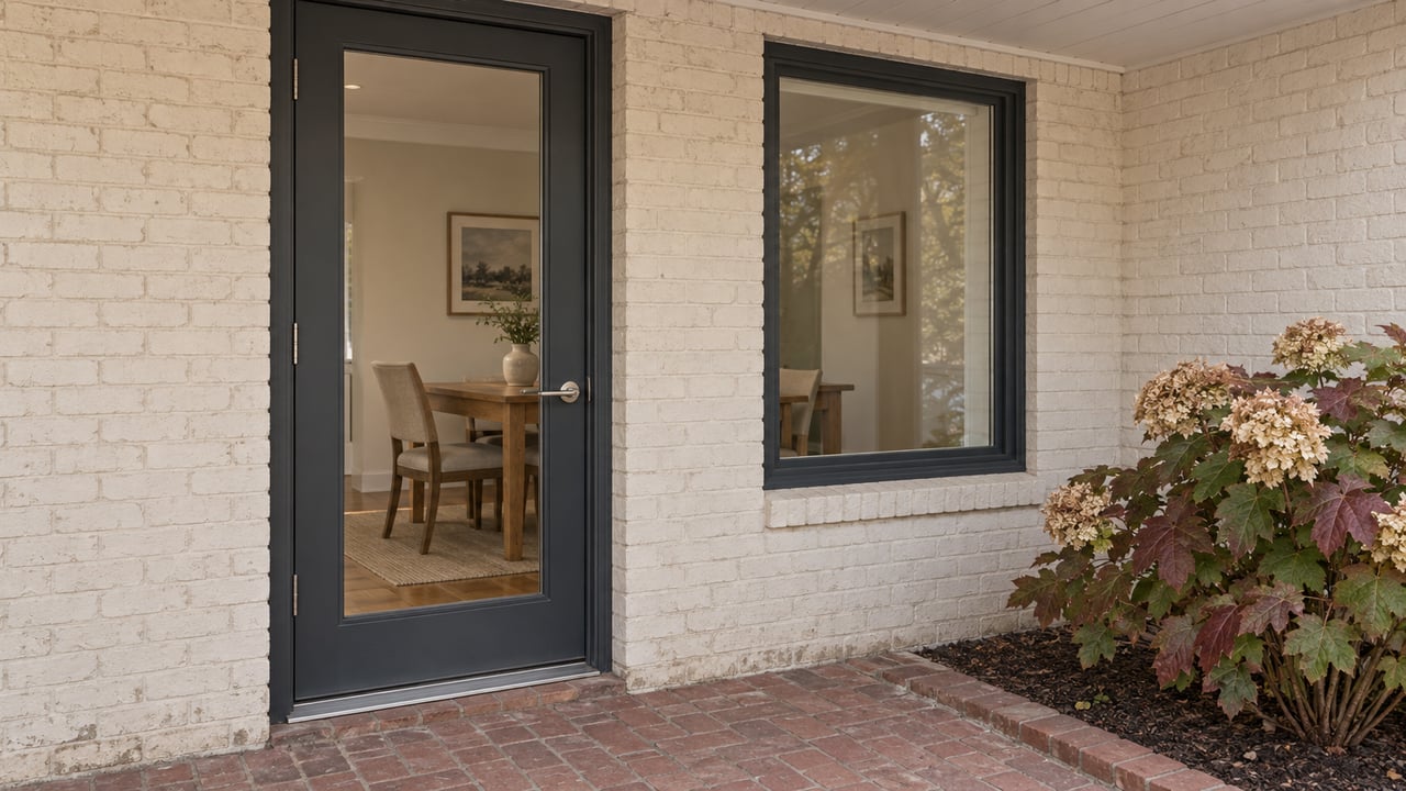 A charcoal glazed rear door and matching window in painted brick, above a worn brick patio beside an oakleaf hydrangea.