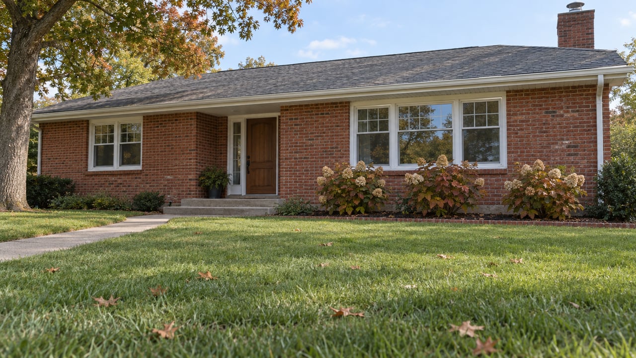 An established red-brick rambler behind a broad autumn lawn, with a curved concrete walk and mature white oak.