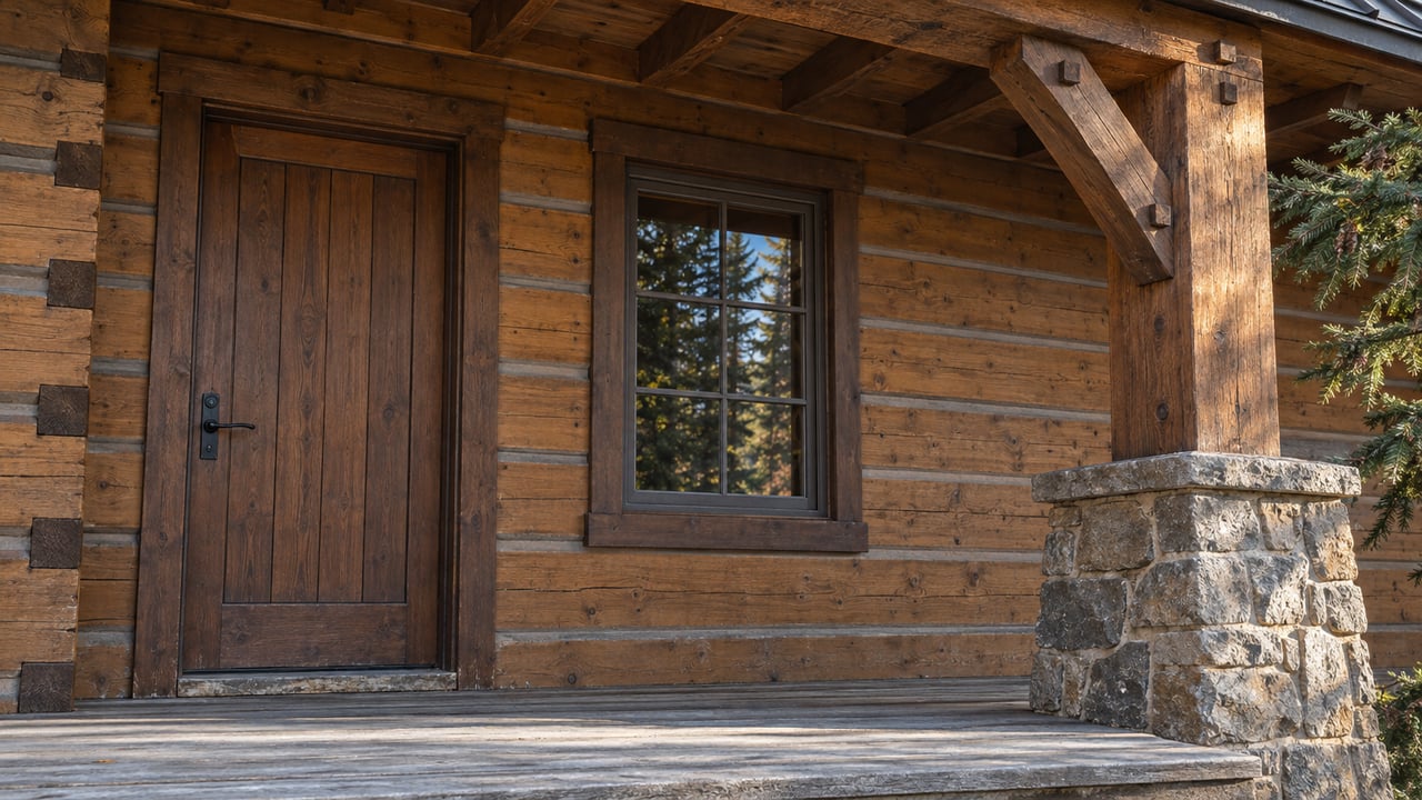 Sunlight catches timber porch joinery and a rough stone pier beside a cabin's wooden entry door.