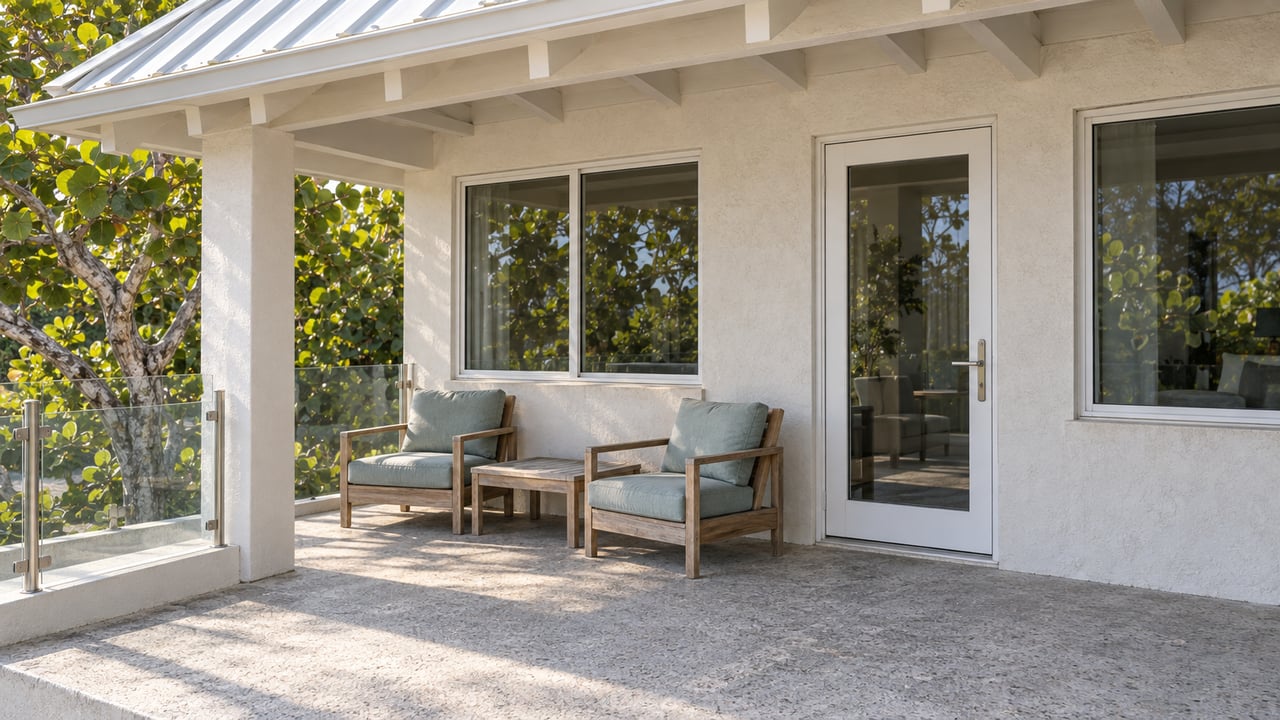 Raised cottage porch with warm white stucco, broad windows, silvered teak chairs and a sea-grape canopy beside the covered opening.