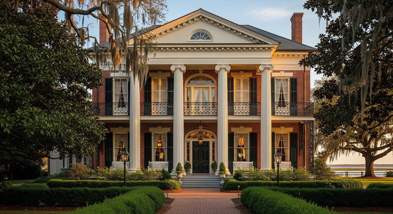 White-columned historic mansion framed by trees, with brick wings and a straight garden path.