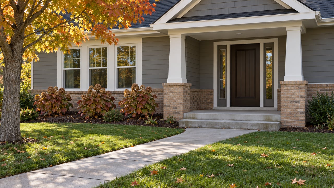 An updated gabled home with gray siding, buff brick, a covered entry and an autumn maple beside the front walk.