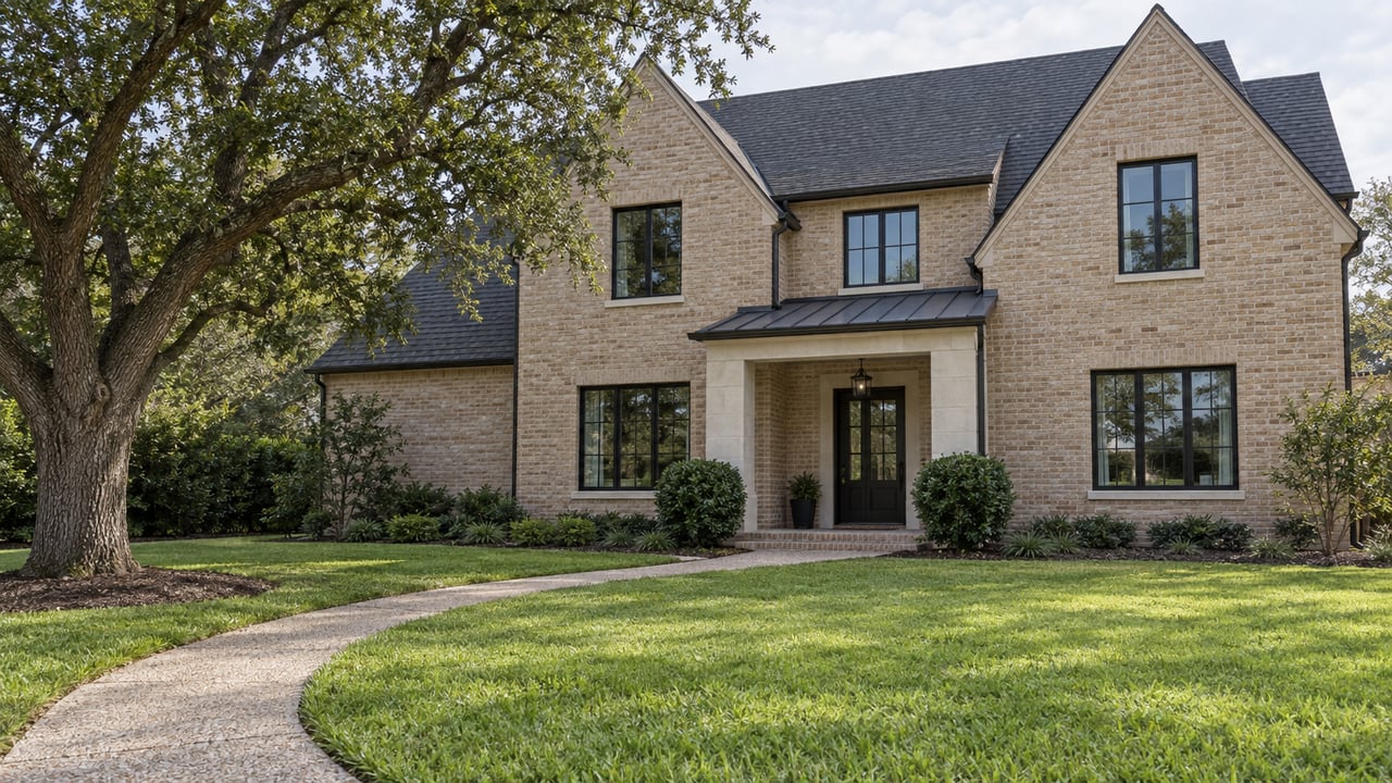 Two-story buff-brick house with charcoal gables, a curving lawn walk, and a mature tree at left.