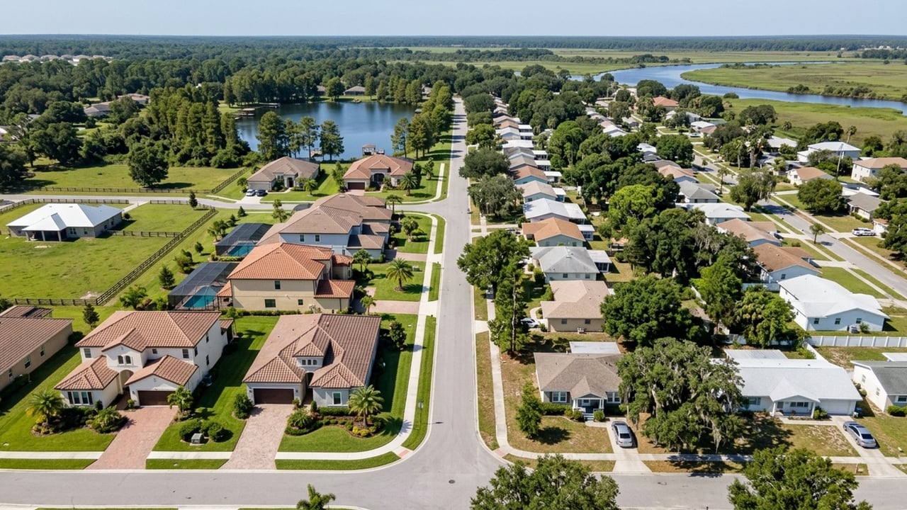 Aerial neighborhood view with a straight residential road, detached homes, a pond, and distant wetlands.