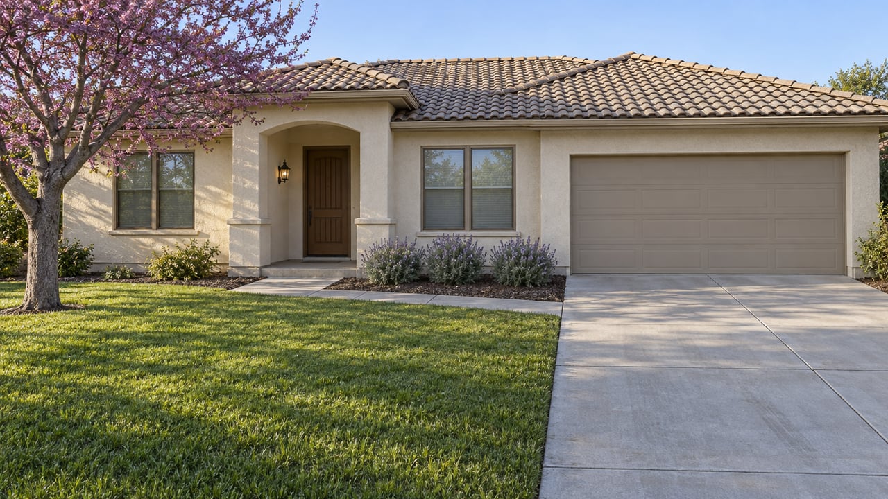 Single-story cream stucco home with a tiled roof, recessed arched entry, broad driveway and established front lawn.