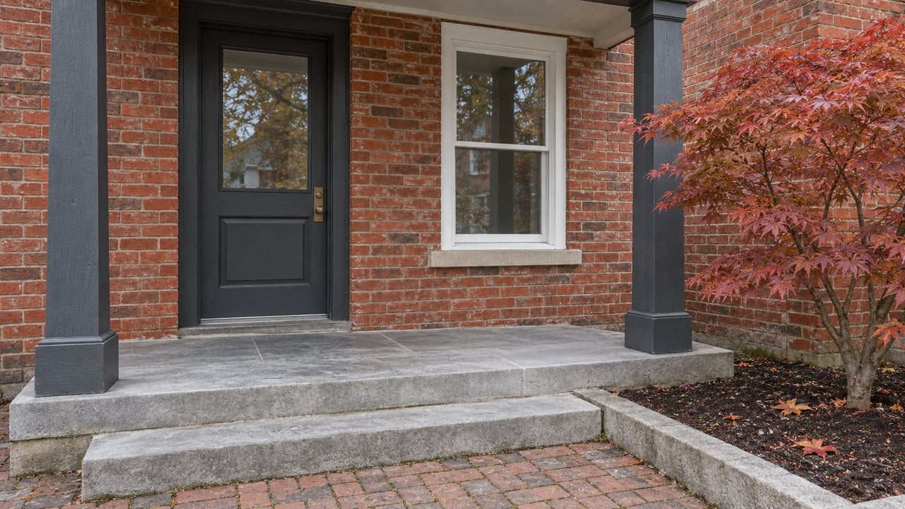 Red-brick home entry with charcoal porch posts, limestone steps and a copper-red Japanese maple.