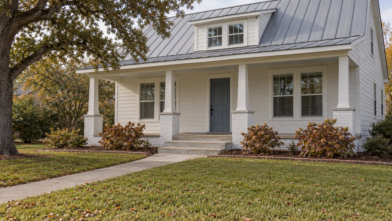 Pale-sided house with a covered front porch, blue-gray door and deep autumn lawn beneath a spreading live oak.