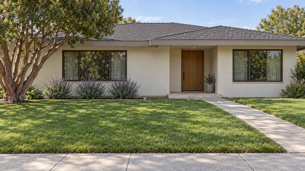 Sunlit single-story stucco home with broad front lawn, bronze-framed windows, an oak entry door and a sculptural strawberry tree.