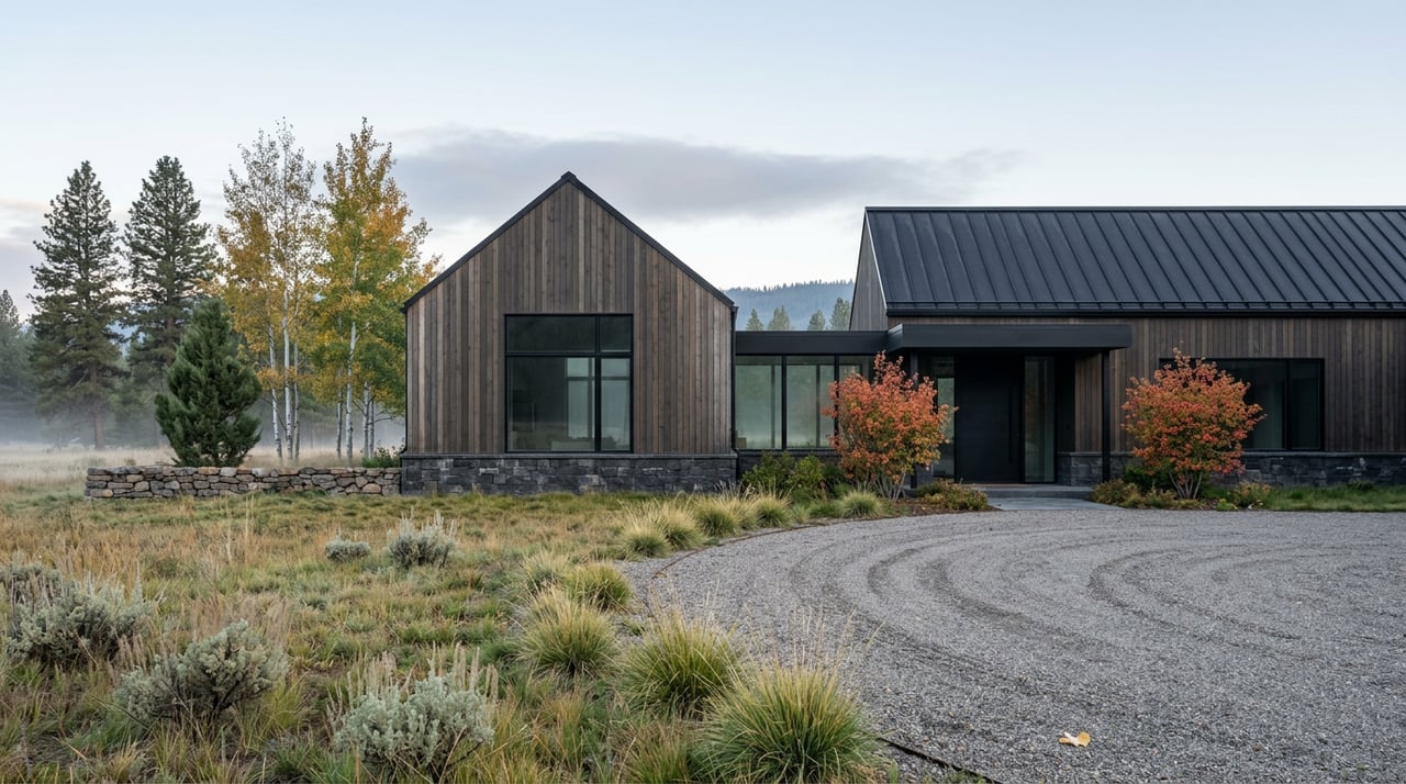 Dark cedar home with offset gables overlooks a gravel drive and misty meadow.