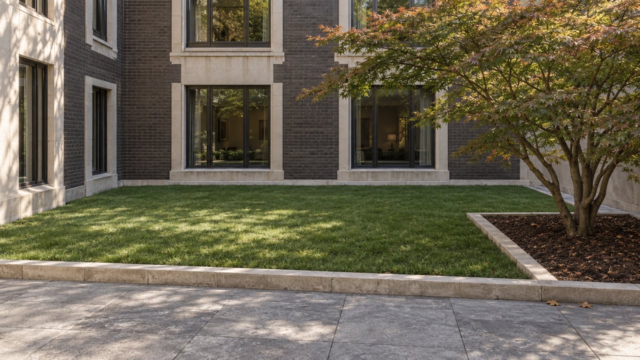 A charcoal-brick residential courtyard with limestone-trimmed windows, a small lawn, a mature Japanese maple, and textured stone terrace paving.