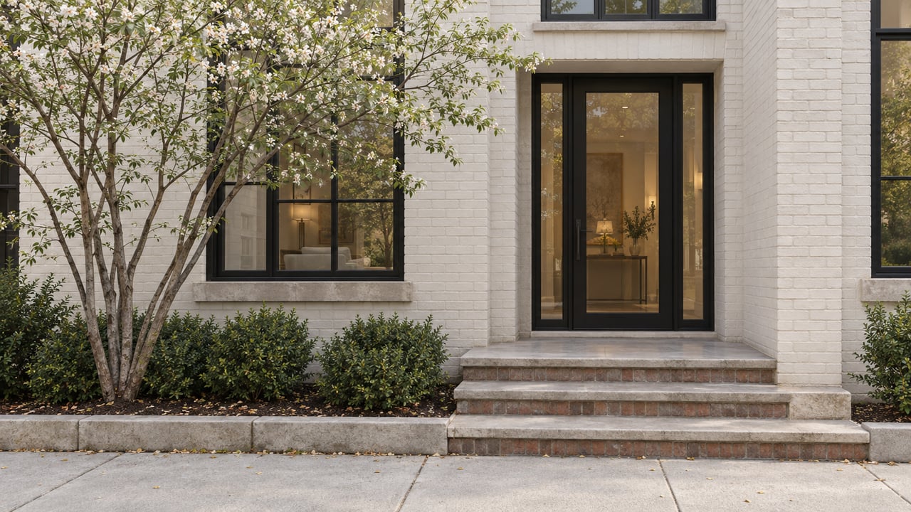 Off-white brick townhouse entry with a black-framed glazed door, limestone stoop, and small shrubs.