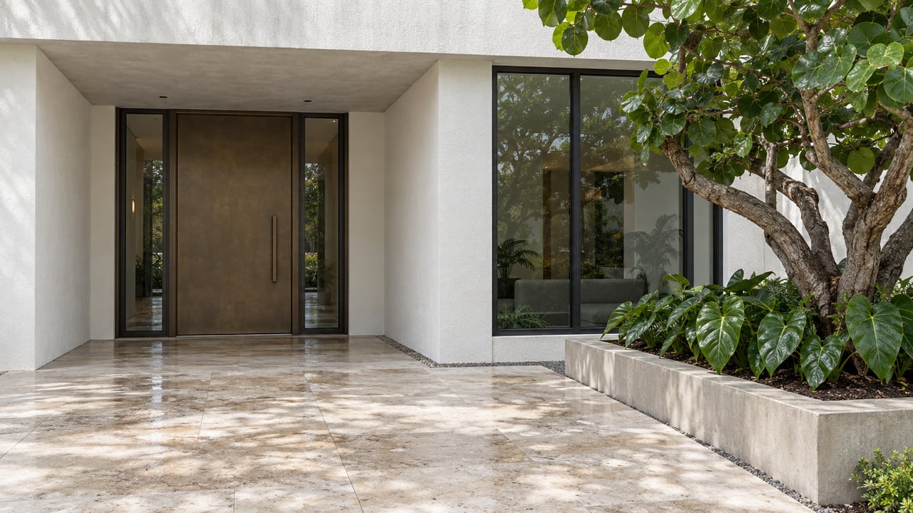 White stucco villa entry with a bronze door, tall dark-framed glazing, rain-darkened limestone paving and a raised bed of sea grape and philodendron.