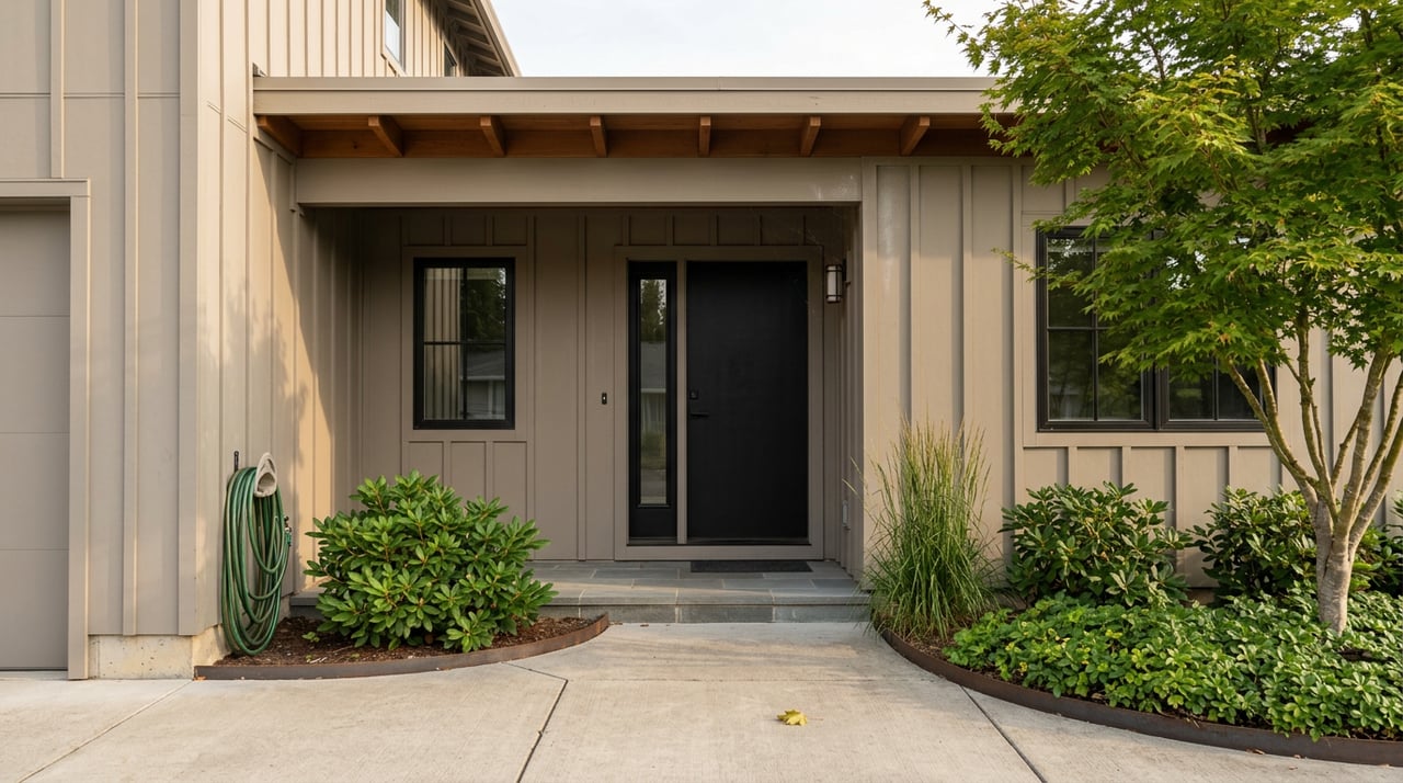 Modern greige home entry with black door, cedar overhang, concrete walk, and leafy foundation planting.
