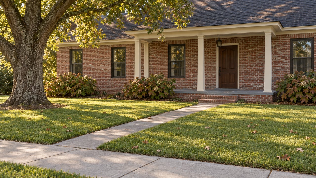 Red-and-buff brick home with a painted porch, broad lawn, and mature white oak shading the yard.