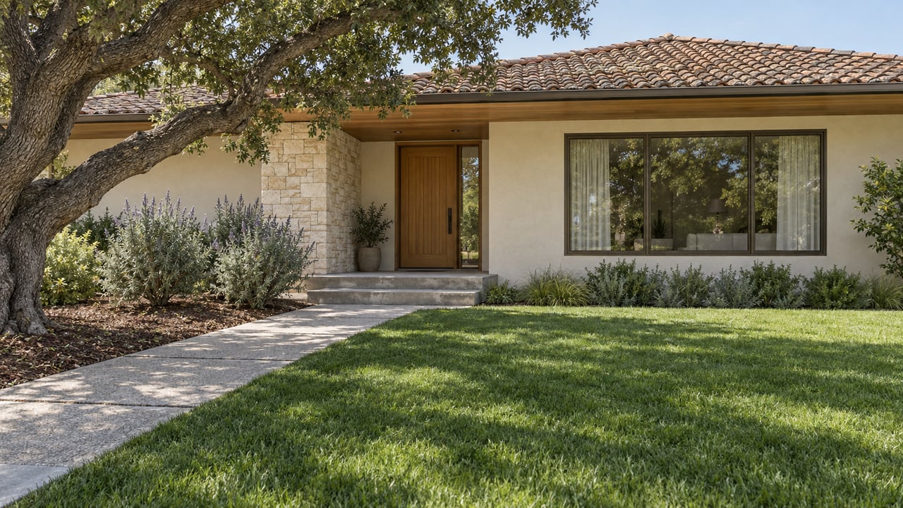Sunlit pale-stucco home with a clay-tile roof, generous front lawn, mature oak and recessed wood entry.