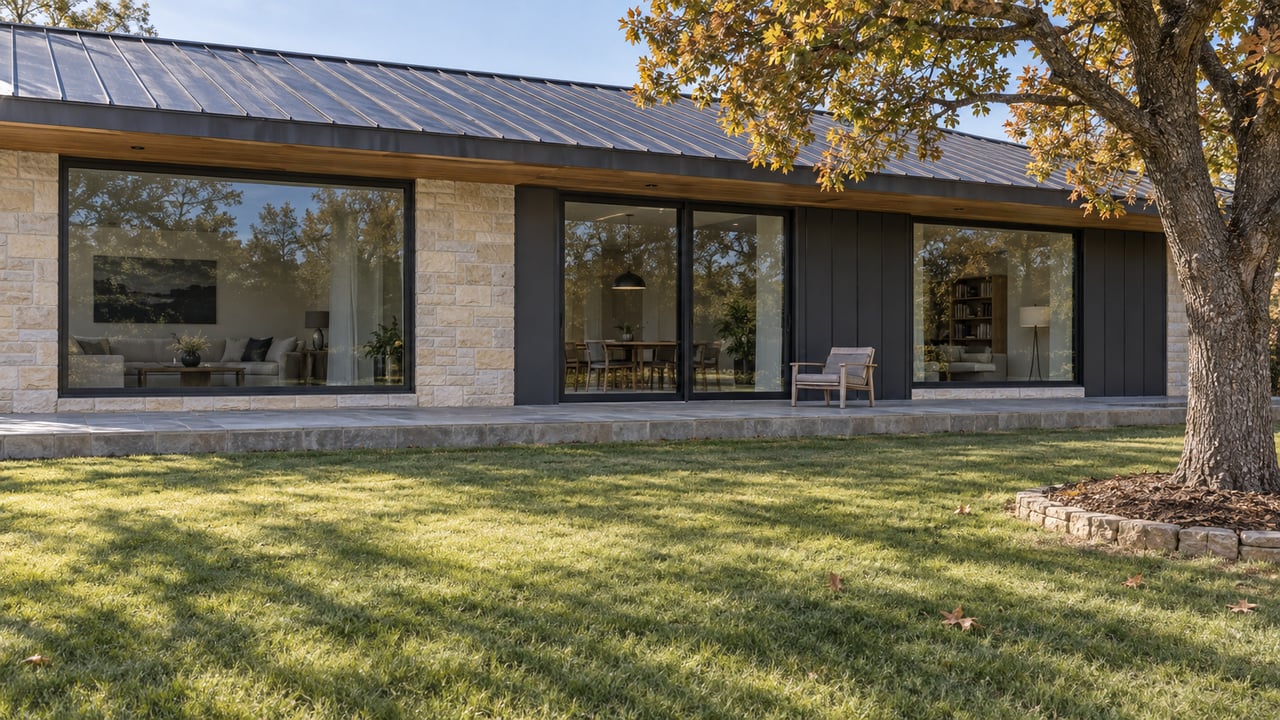 A charcoal-roofed home with cedar soffits and broad windows faces a deep autumn lawn and a raised stone terrace beneath an amber-leaved oak.