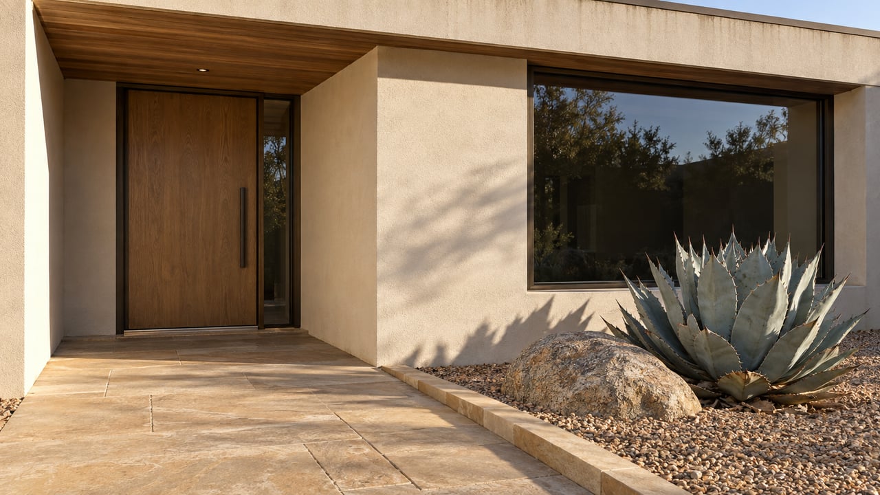 Cream stucco entry with an oak door, bronze-framed window, sandstone walk and a blue-gray agave in a gravel planting bed.