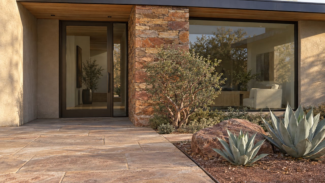 Contemporary desert home's recessed glass entry with weathered sandstone, taupe stucco and sculptural manzanita beside agaves.