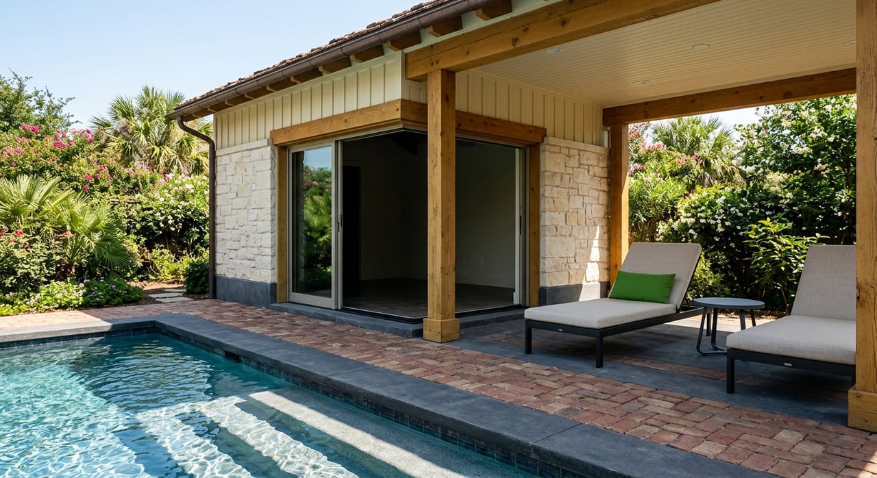 Pool beside a limestone cabana with beadboard ceiling, chaise lounges, yuccas, and brick pavers.