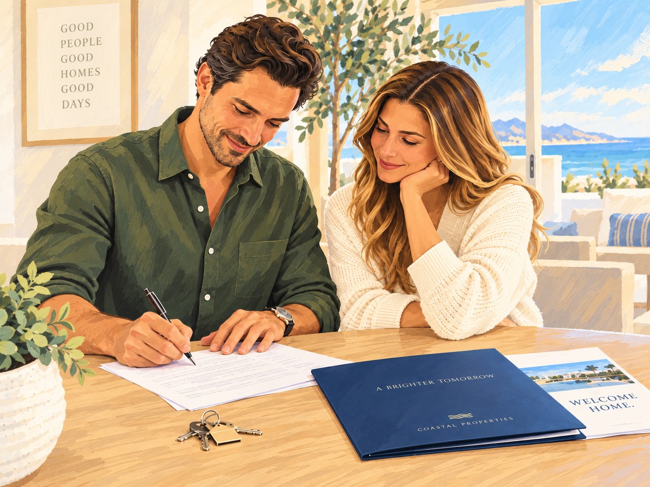Couple signs real estate paperwork beside keys and a coastal view.