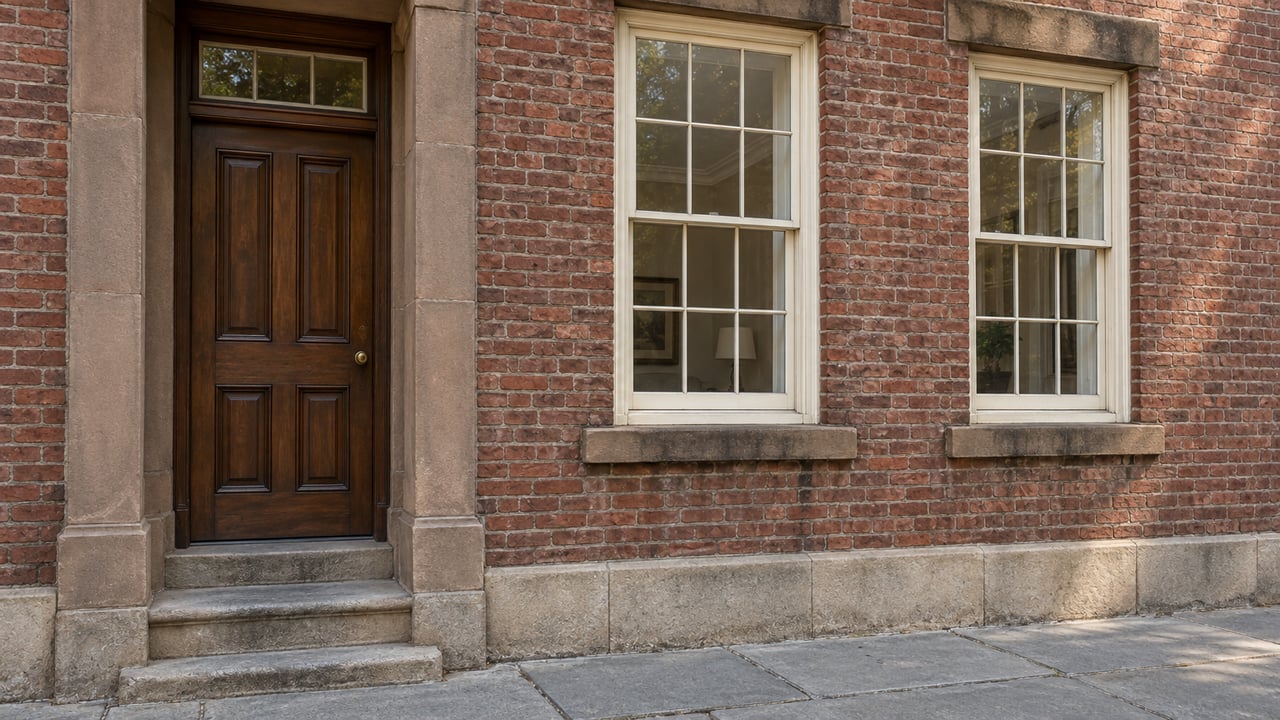 Weathered brick townhouse entrance with sandstone trim, tall ivory-painted sash windows, and worn limestone steps.