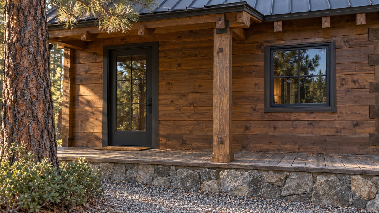 Timber cabin entry with a glazed door, square window, stone foundation, and ponderosa pine branch overhead.