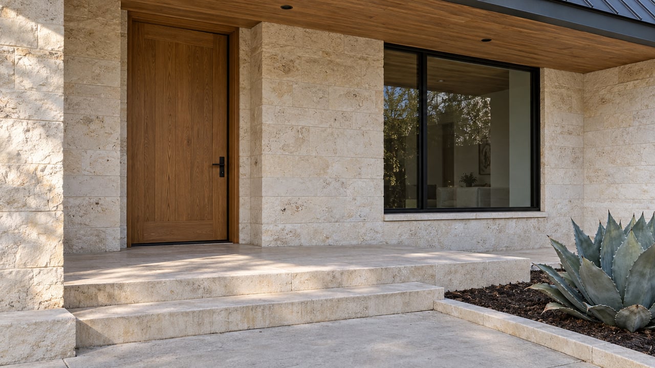 Pale limestone home entrance with an oak door, black-framed window, wood soffit and broad stone steps beside a blue-gray agave.