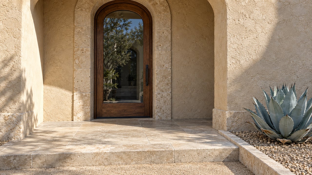 Sunlight grazes a sandy stucco arch and limestone entry surrounding a glazed oak door, beside a blue-grey agave in gravel.