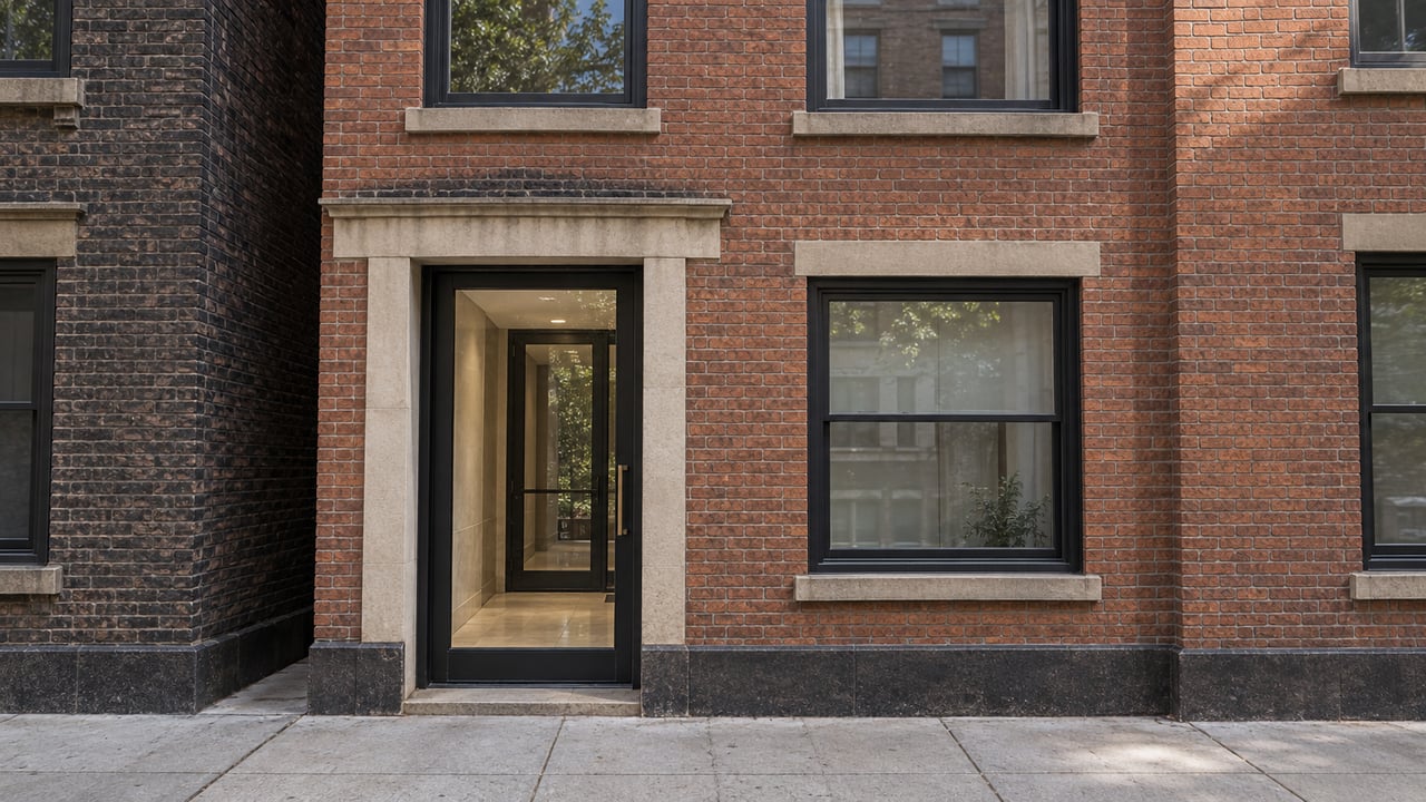 Red-brown brick apartment facade with stacked windows and a tall glazed entry above a stone sidewalk plinth.