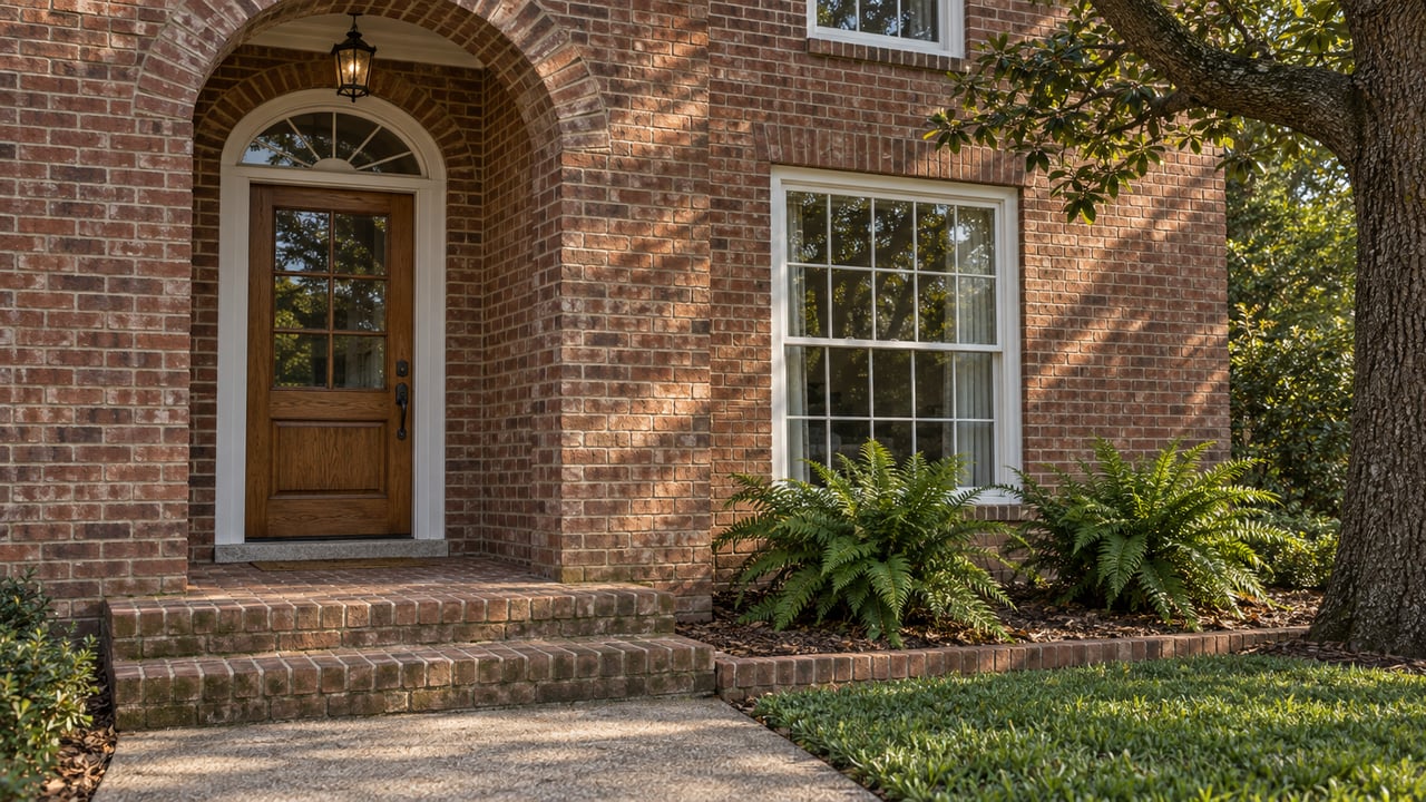 Brick home entrance with an arched opening, oak door, white-trimmed windows and a shaded fern bed.