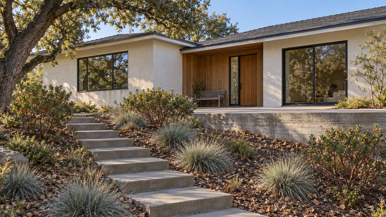 Low-roof stucco and cedar home above a sloping garden with an oak, manzanita shrubs, and concrete entry steps in morning light.