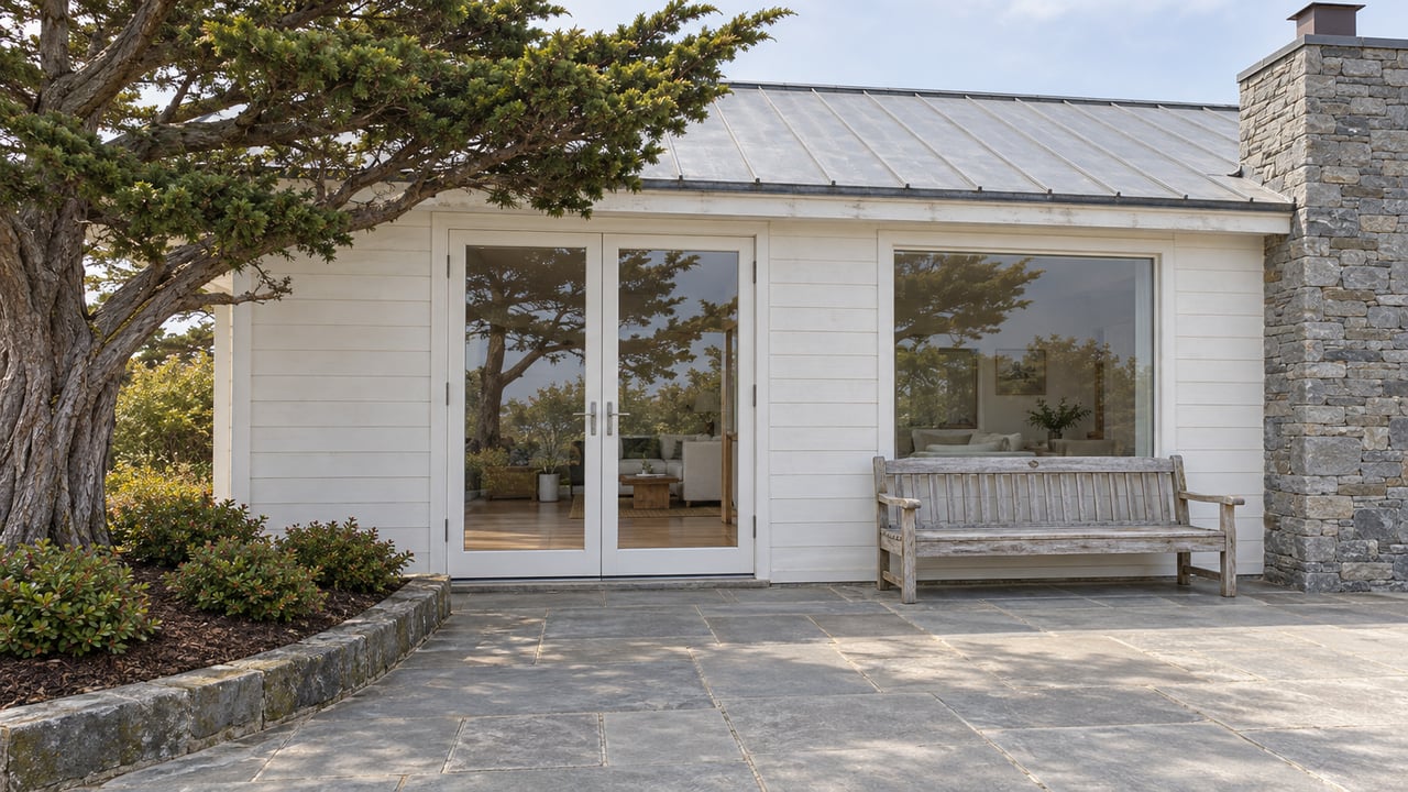 White wood-sided home with tall glazed doors, a gray stone chimney and a worn sandstone terrace beside a wind-shaped cypress.
